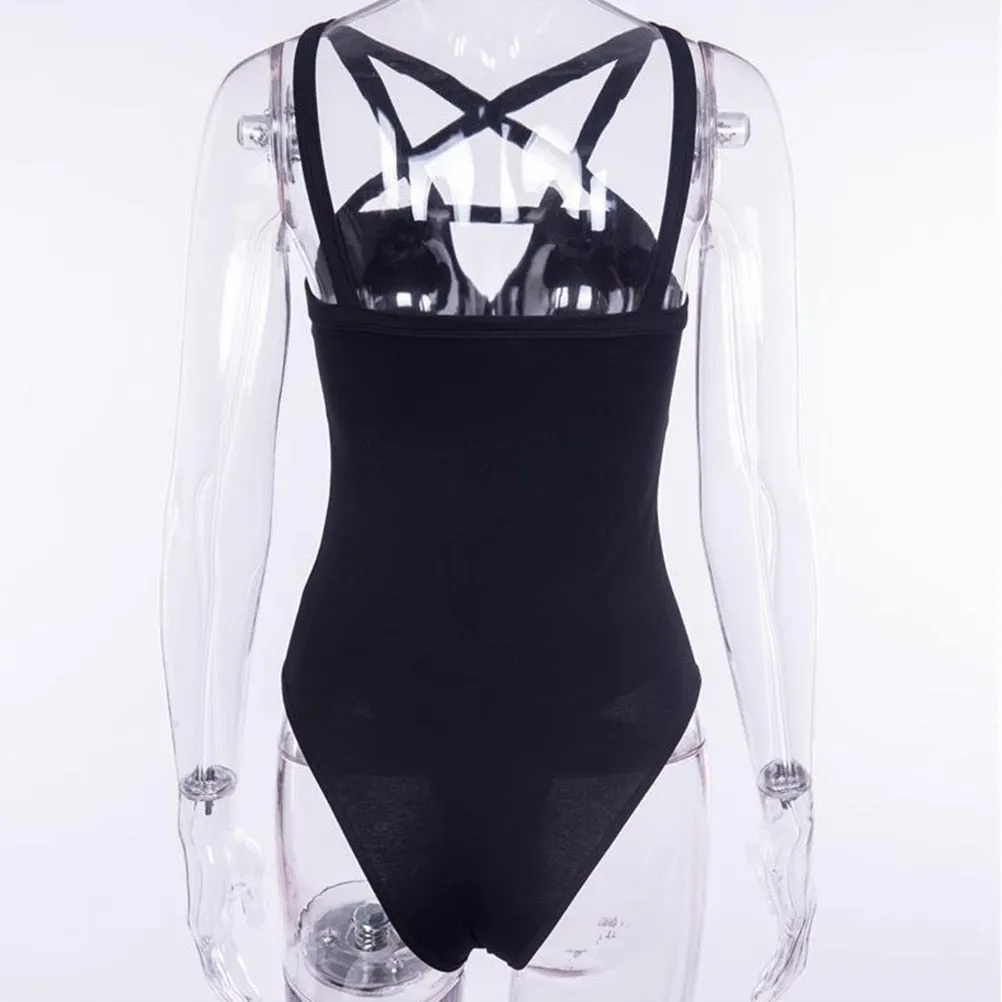 Sexy Black Gothic Women's Sleeveless Hollow Out Cross Strap Bodysuit