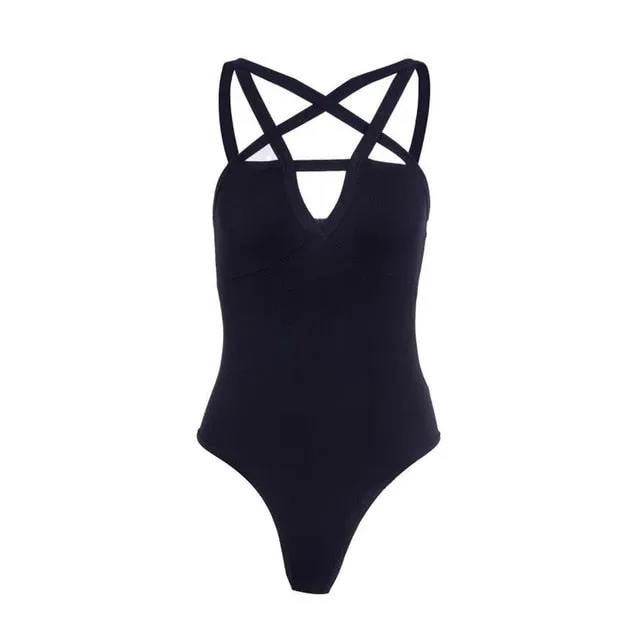 Sexy Black Gothic Women's Sleeveless Hollow Out Cross Strap Bodysuit