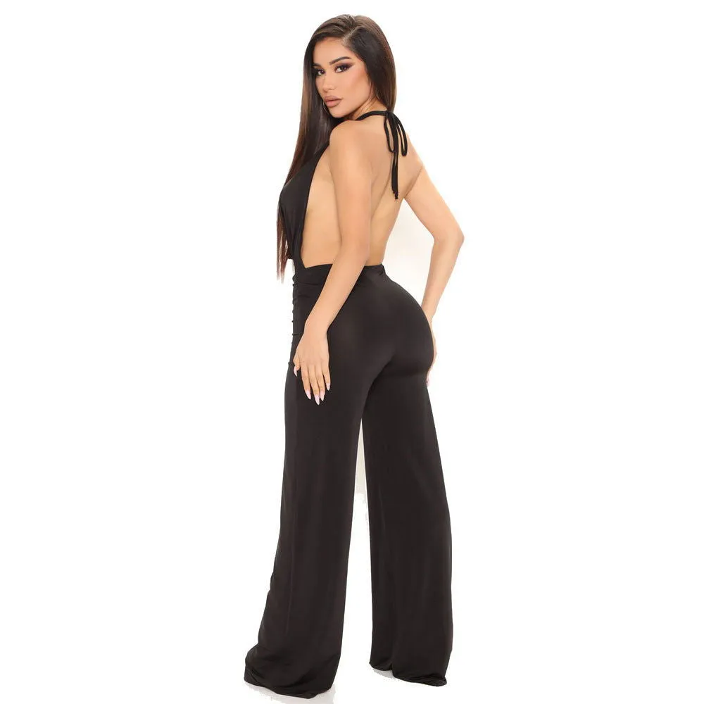 Silky Deep V-Neck Sleeveless Backless Wide Leg Jumpsuits