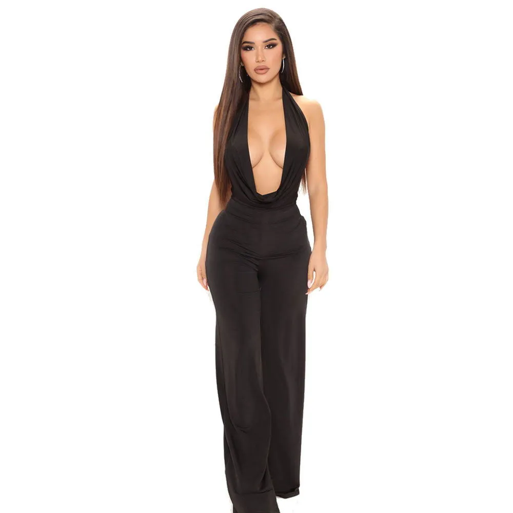 Silky Deep V-Neck Sleeveless Backless Wide Leg Jumpsuits