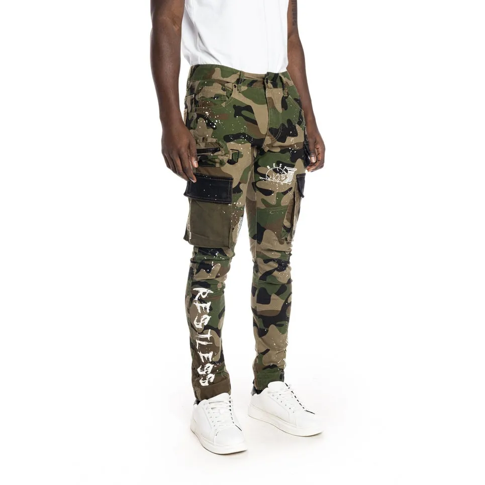 Slim Tapered Utility Fashion Cargo Twill Pants - Wood Camo