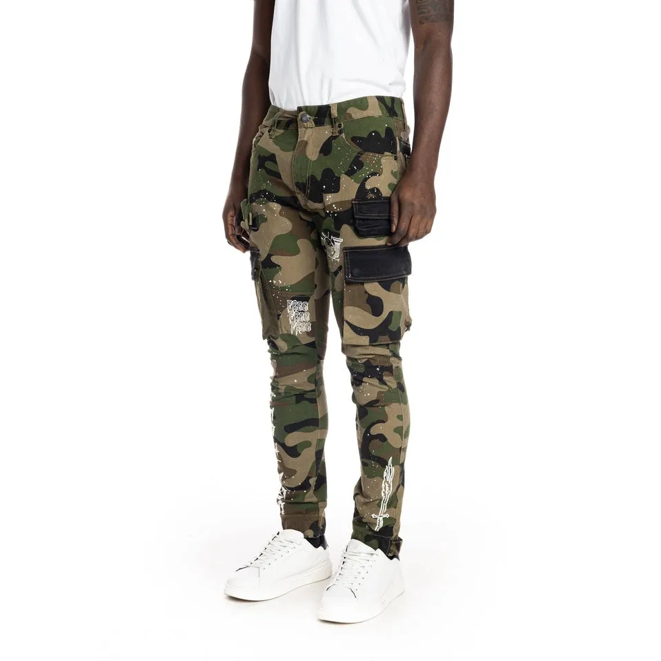 Slim Tapered Utility Fashion Cargo Twill Pants - Wood Camo