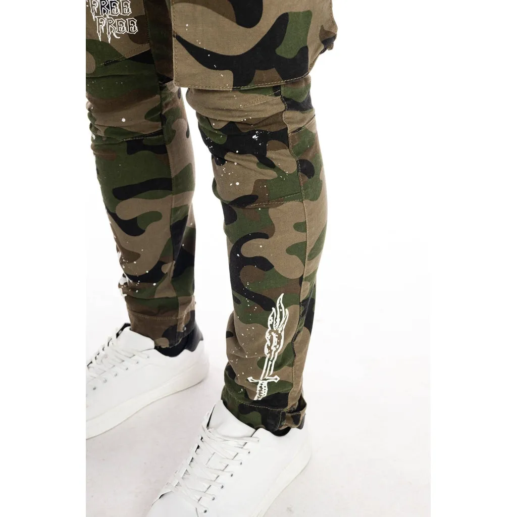 Slim Tapered Utility Fashion Cargo Twill Pants - Wood Camo