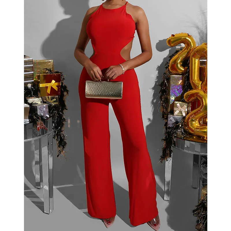 Solid Sleeveless Suspender Wide Leg Jumpsuit