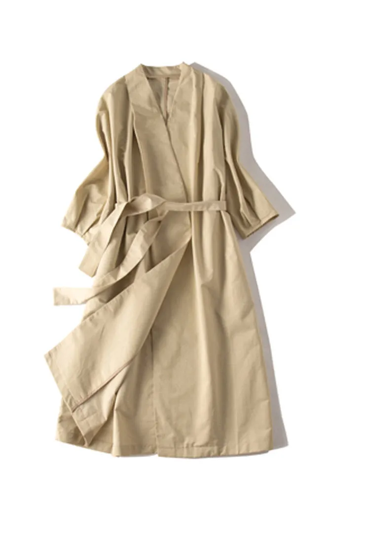 Spring Belted Half-Sleeves Buttonless Mid-Length Coat