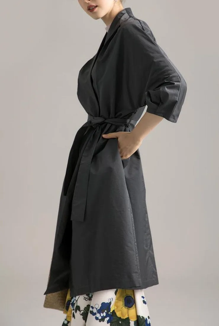 Spring Belted Half-Sleeves Buttonless Mid-Length Coat