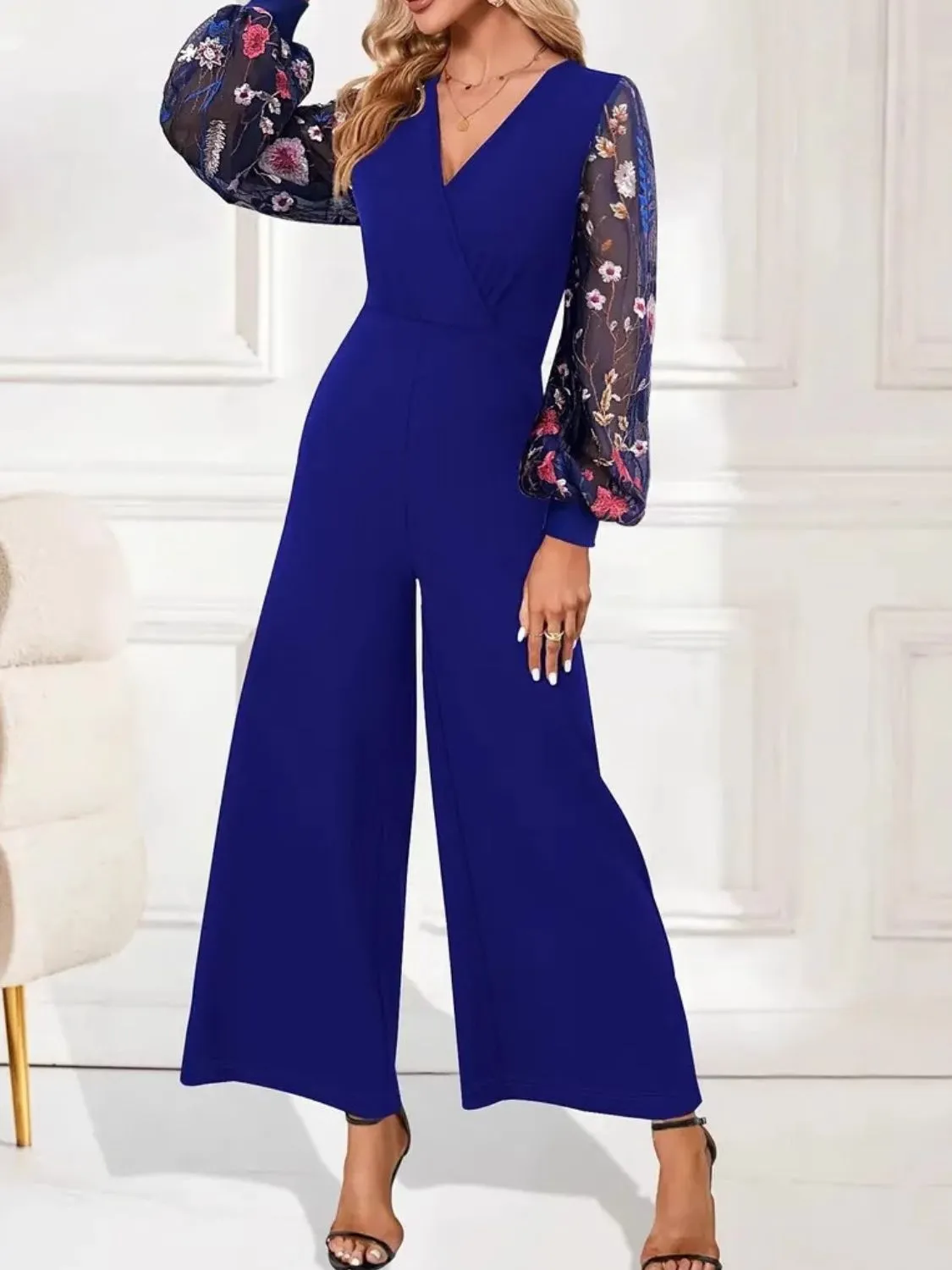 Surplice Embroidered Long Sleeve Wide Leg Jumpsuit