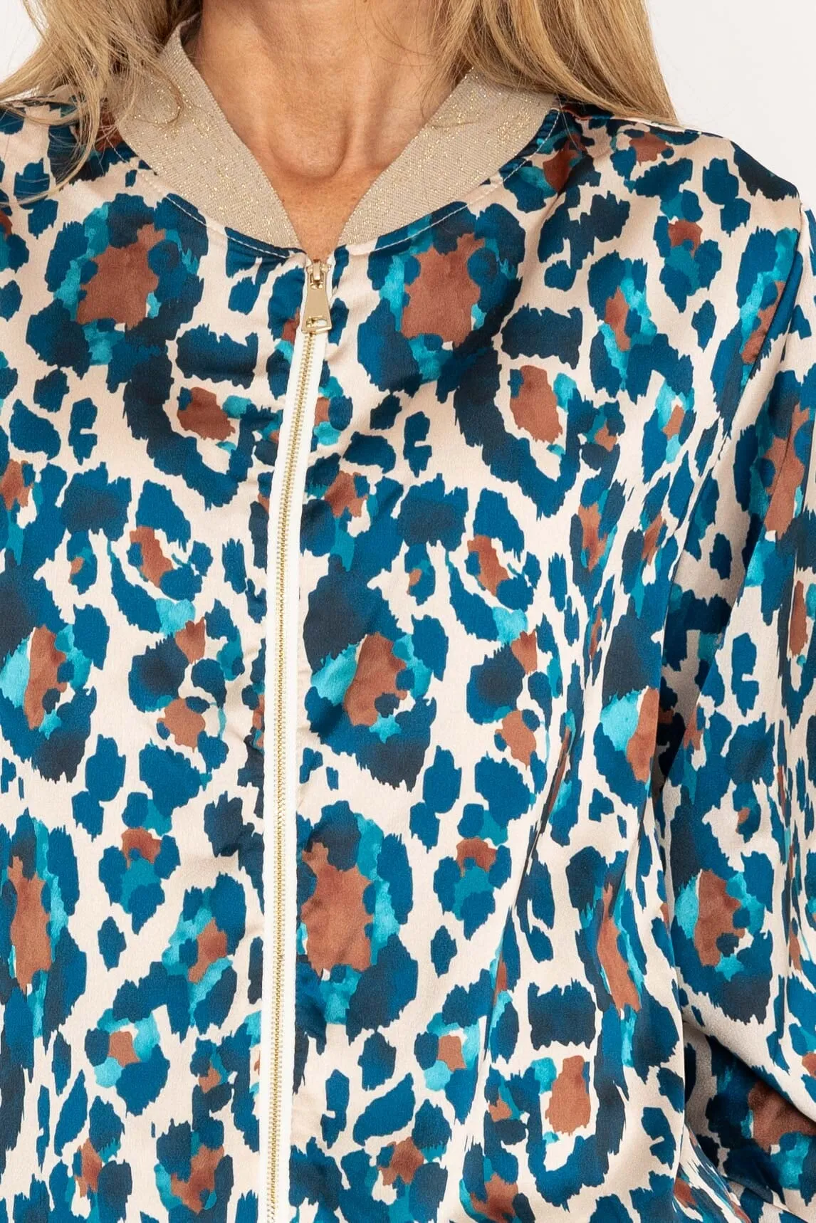 Teal Leopard Print Bomber Jacket