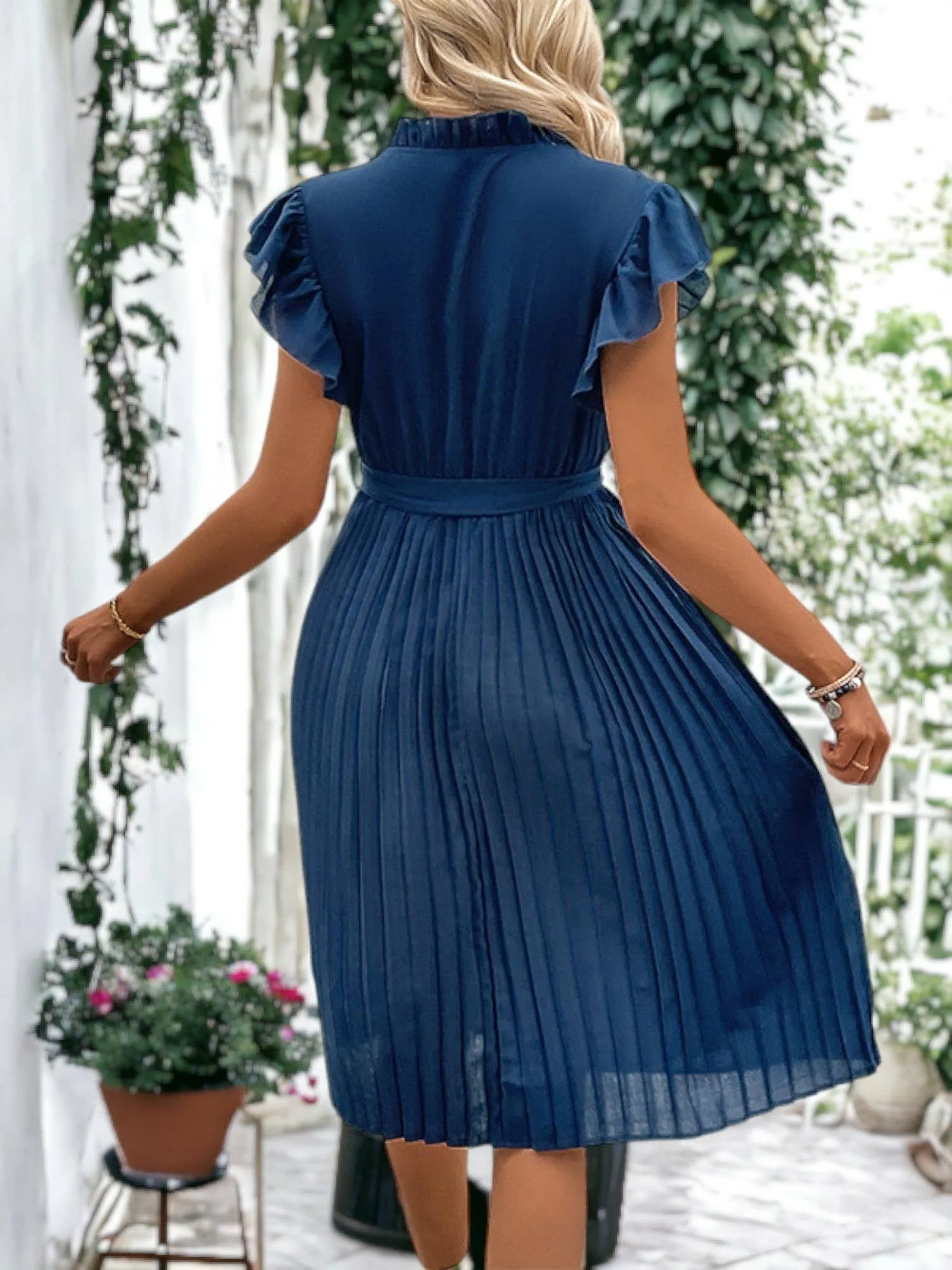 Tie Neck Pleated Dress