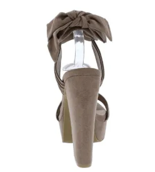 TOURNAMENT TAUPE PIN TUCK OPEN TOE ANKLE TIE HEEL