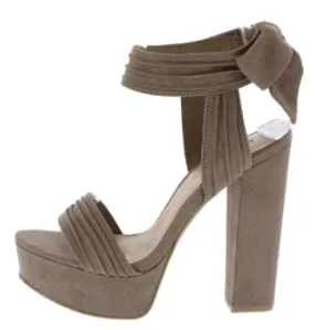 TOURNAMENT TAUPE PIN TUCK OPEN TOE ANKLE TIE HEEL