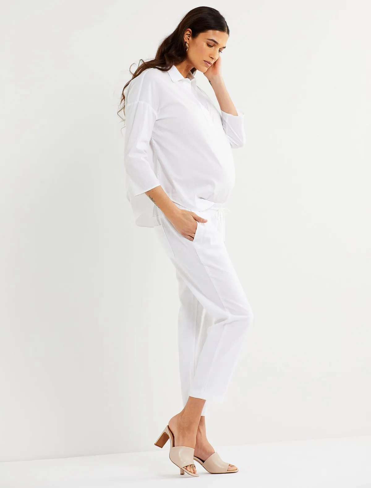 Under Belly Linen Straight Leg Maternity Crop Pants in White