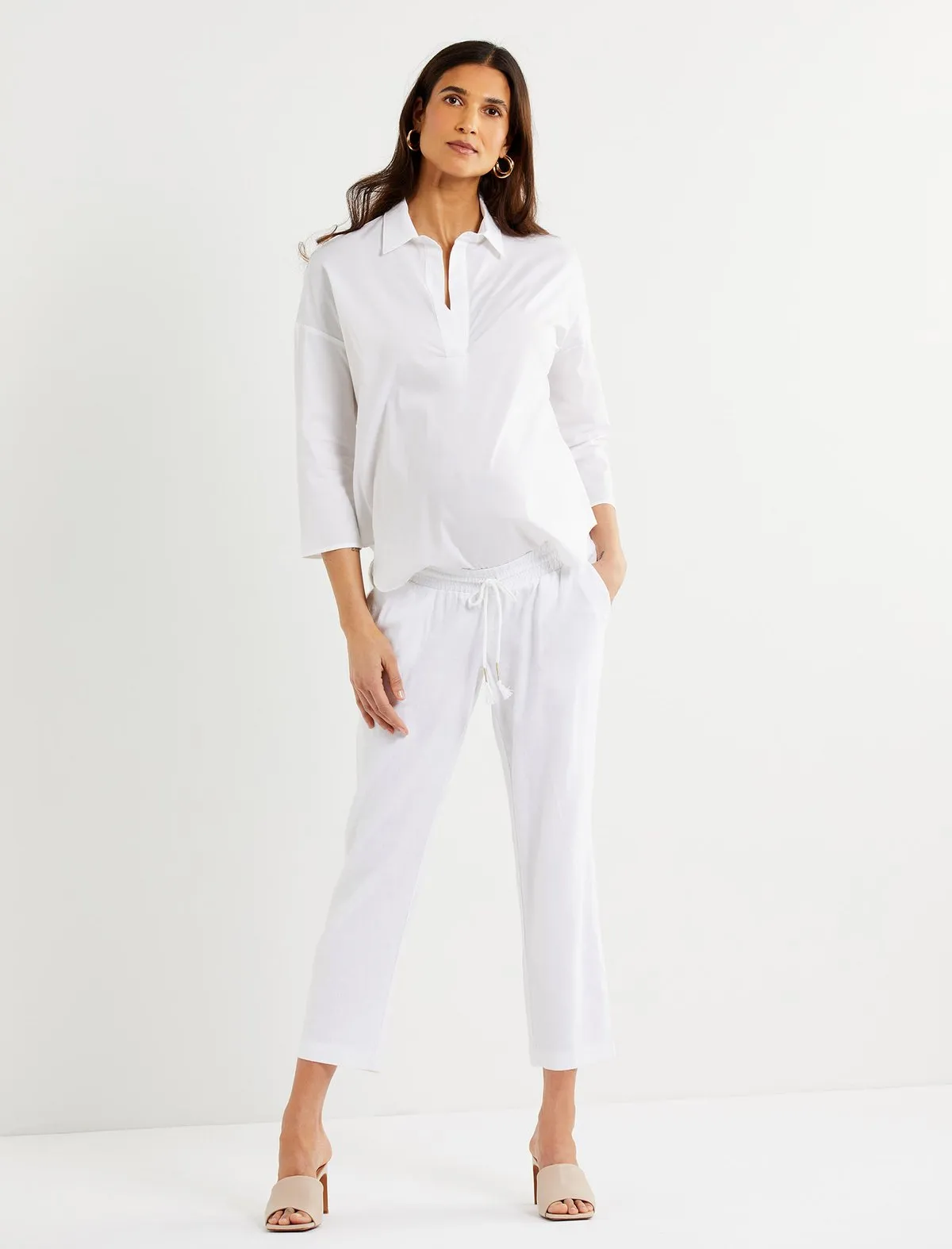 Under Belly Linen Straight Leg Maternity Crop Pants in White