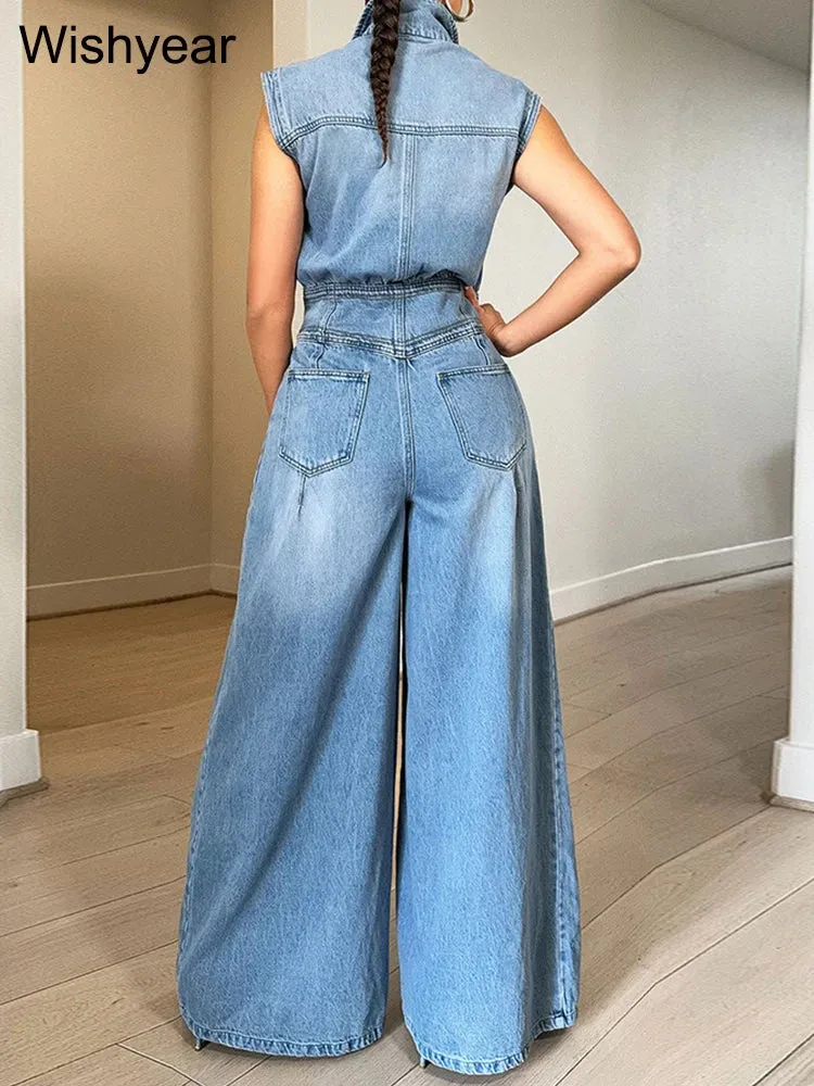 Vintage Loose Denim Wide Leg Pants Jumpsuit Pocket Sleeveless & Single Breasted Baggy Jeans