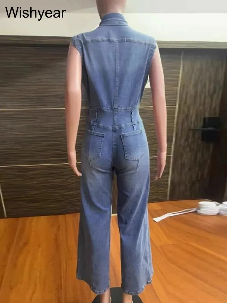 Vintage Loose Denim Wide Leg Pants Jumpsuit Pocket Sleeveless & Single Breasted Baggy Jeans