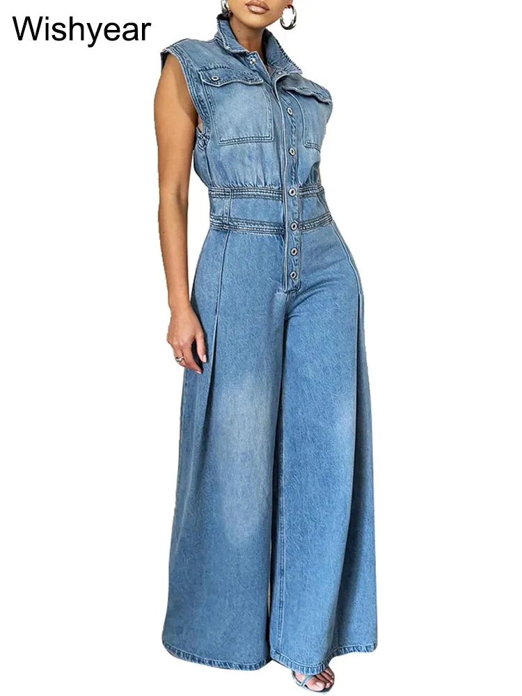 Vintage Loose Denim Wide Leg Pants Jumpsuit Pocket Sleeveless & Single Breasted Baggy Jeans