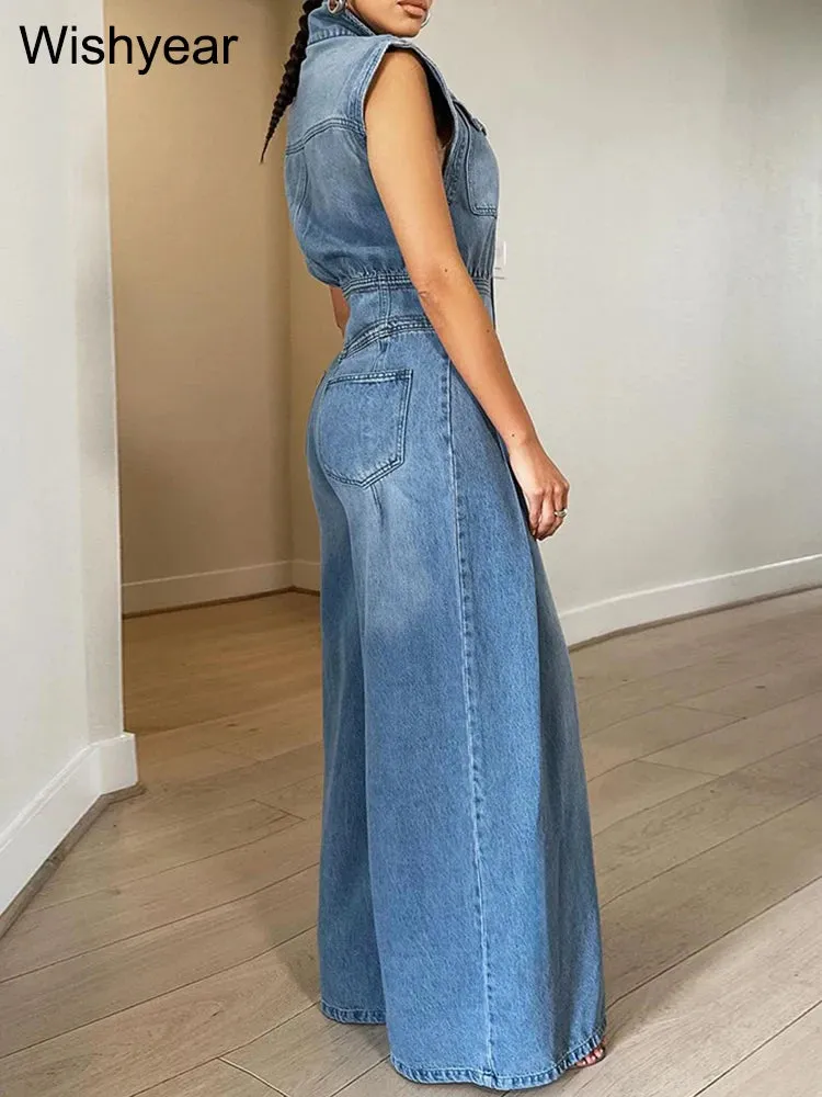 Vintage Loose Denim Wide Leg Pants Jumpsuit Pocket Sleeveless & Single Breasted Baggy Jeans