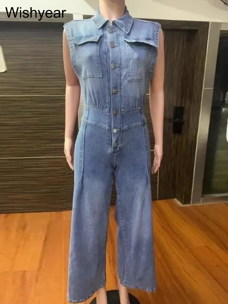 Vintage Loose Denim Wide Leg Pants Jumpsuit Pocket Sleeveless & Single Breasted Baggy Jeans