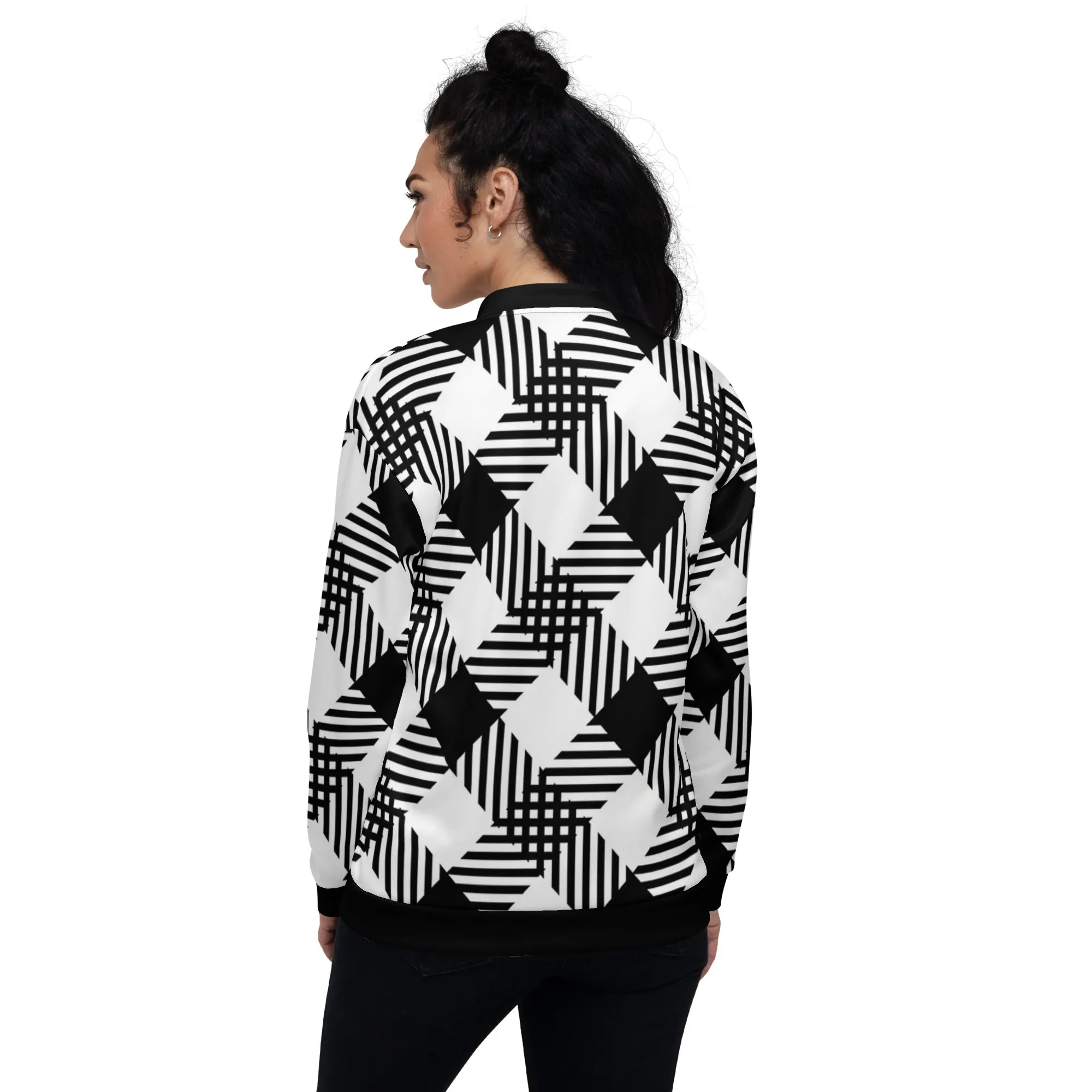 Womens Bomber Jacket, Black and White Plaid Print