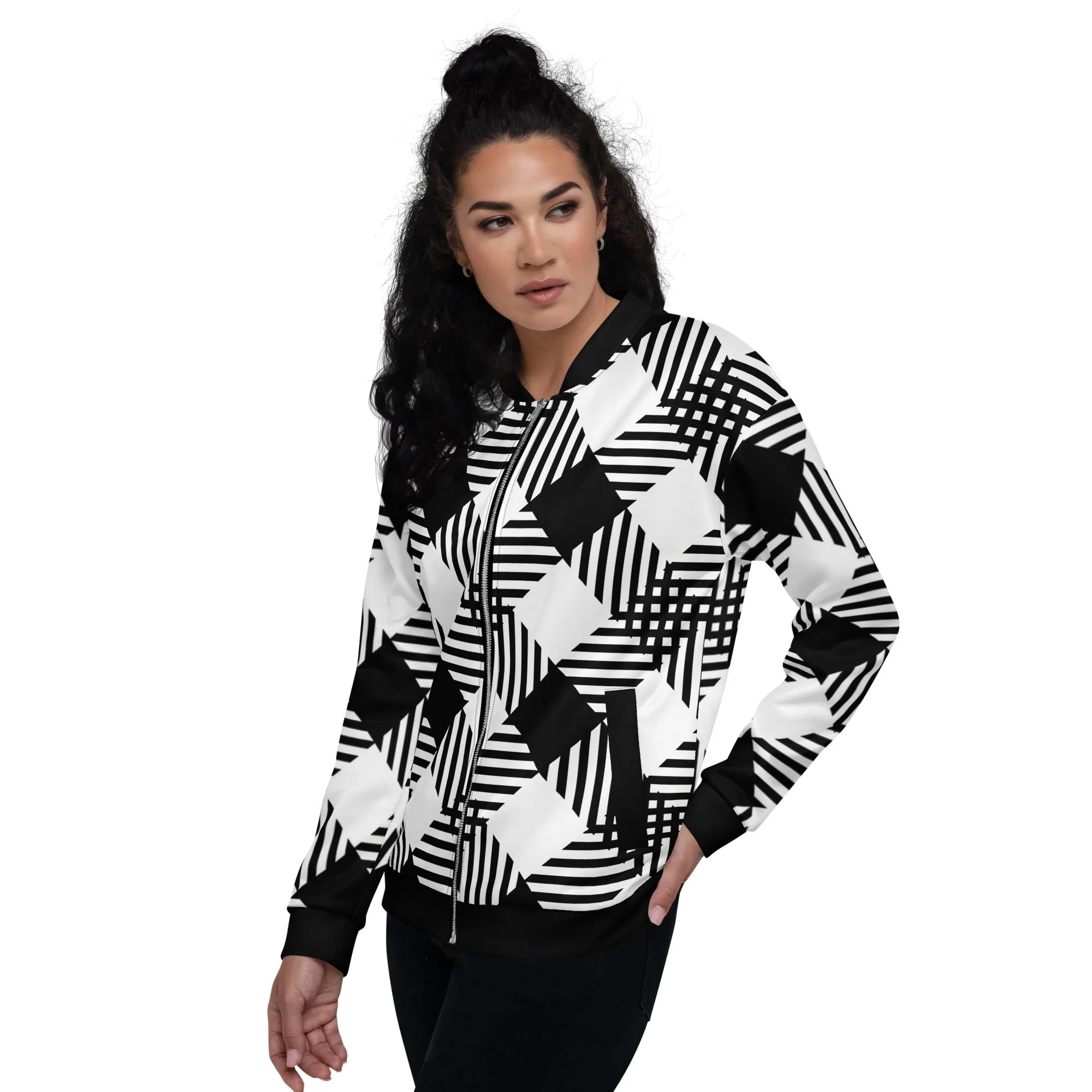 Womens Bomber Jacket, Black and White Plaid Print