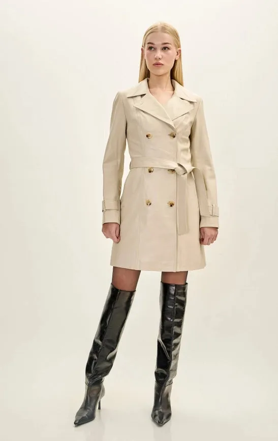 Women’S Lambskin Leather Double Breasted Trench Coat - Beige