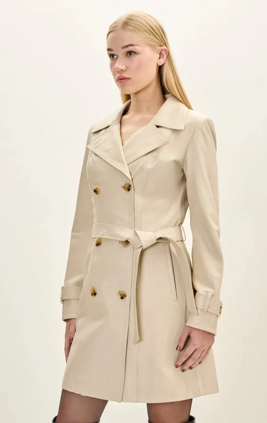 Women’S Lambskin Leather Double Breasted Trench Coat - Beige