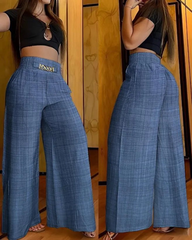 Women's Pants 2023 Spring Fashion Chain Decor High Waist Casual Plain Pocket Design Daily Wide Leg Long Pants Y2K Streetwear