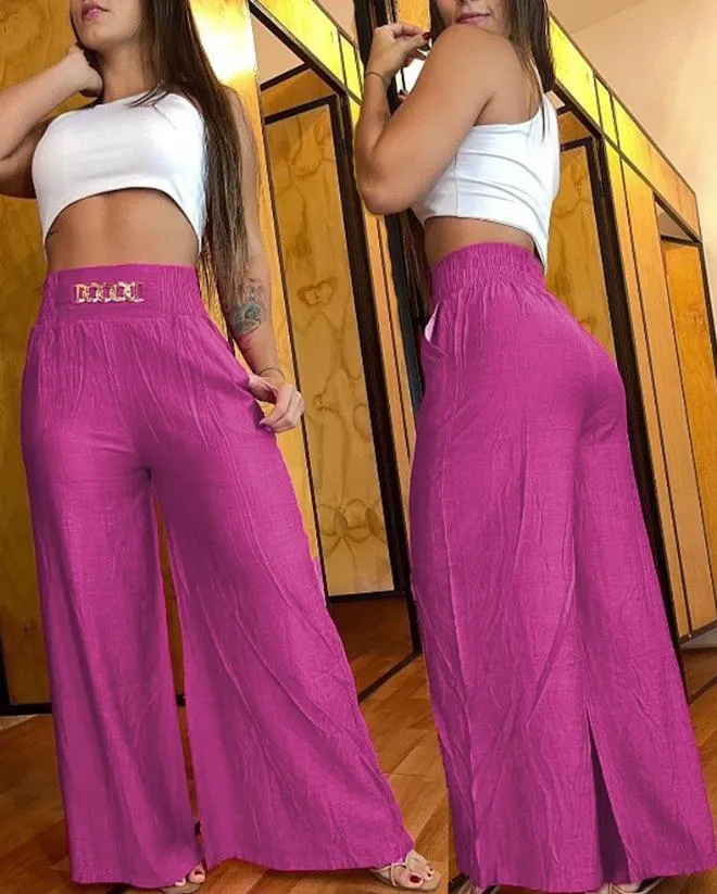 Women's Pants 2023 Spring Fashion Chain Decor High Waist Casual Plain Pocket Design Daily Wide Leg Long Pants Y2K Streetwear