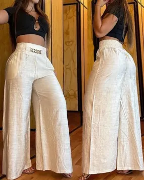 Women's Pants 2023 Spring Fashion Chain Decor High Waist Casual Plain Pocket Design Daily Wide Leg Long Pants Y2K Streetwear