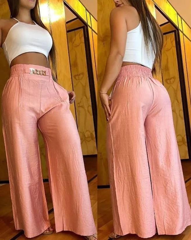 Women's Pants 2023 Spring Fashion Chain Decor High Waist Casual Plain Pocket Design Daily Wide Leg Long Pants Y2K Streetwear