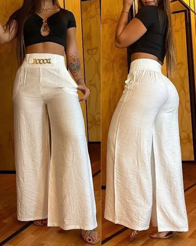 Women's Pants 2023 Spring Fashion Chain Decor High Waist Casual Plain Pocket Design Daily Wide Leg Long Pants Y2K Streetwear