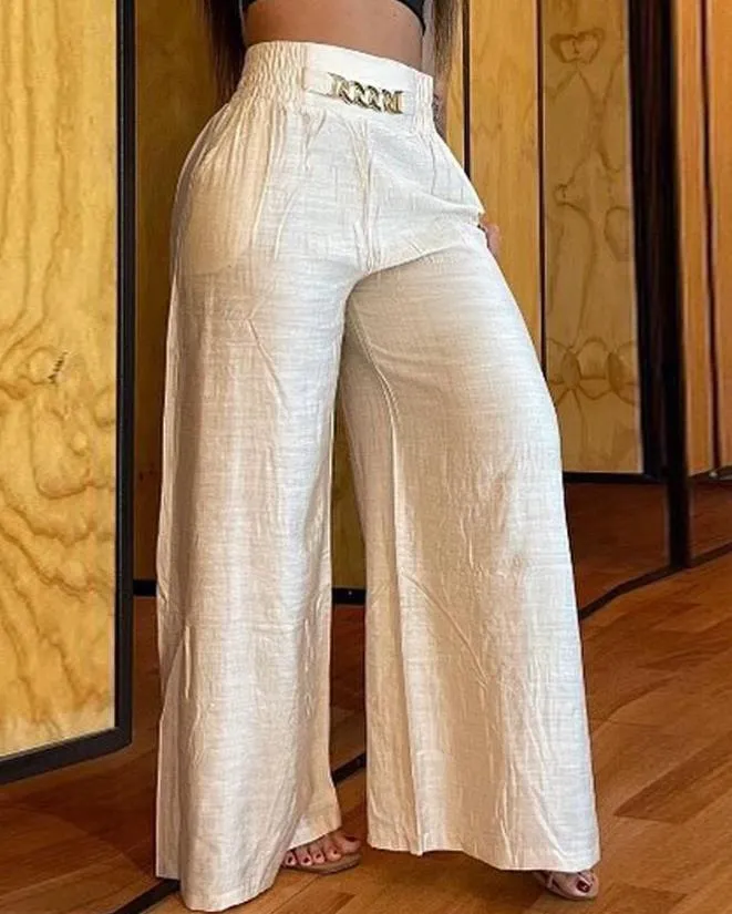 Women's Pants 2023 Spring Fashion Chain Decor High Waist Casual Plain Pocket Design Daily Wide Leg Long Pants Y2K Streetwear