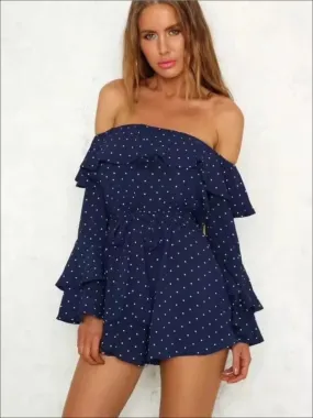 Women's Polka Dot Off The Shoulder Flare Sleeve Romper