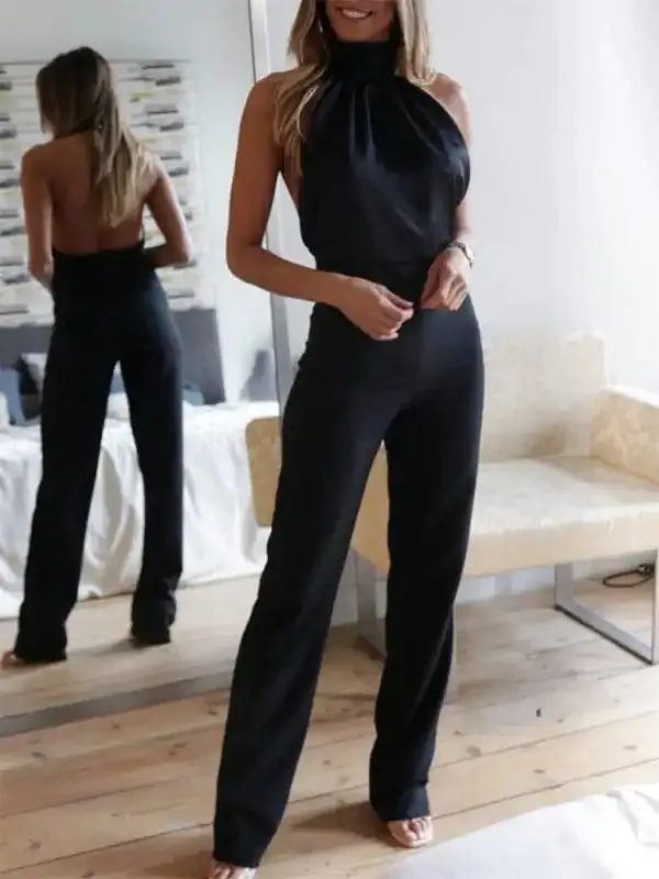 Women’s Sexy Temperament Solid Color Halter Neck Backless Slim Jumpsuit