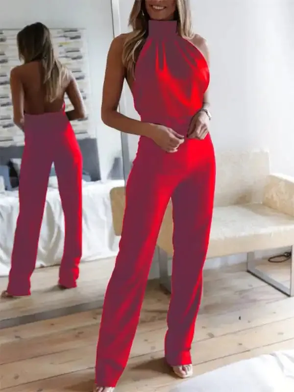 Women’s Sexy Temperament Solid Color Halter Neck Backless Slim Jumpsuit